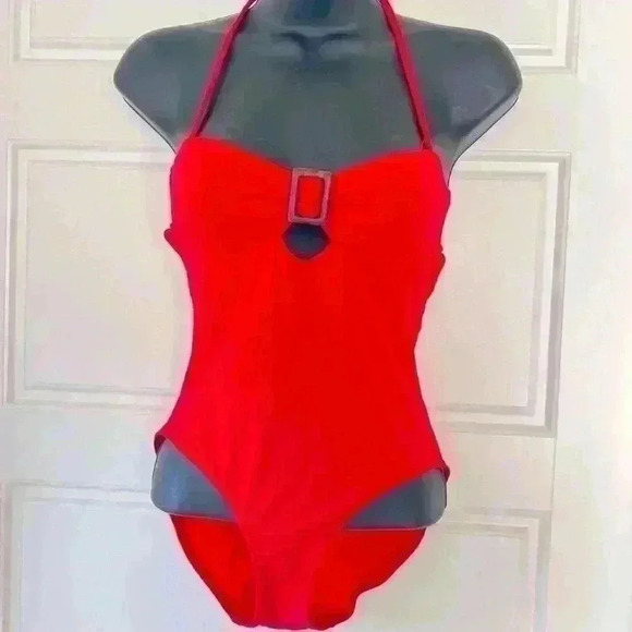 RED BATHING SUIT BACKLESS ONE PIECE WITH BACK STRAP NECK  TIE SIZE SMALL - Picture 1 of 5